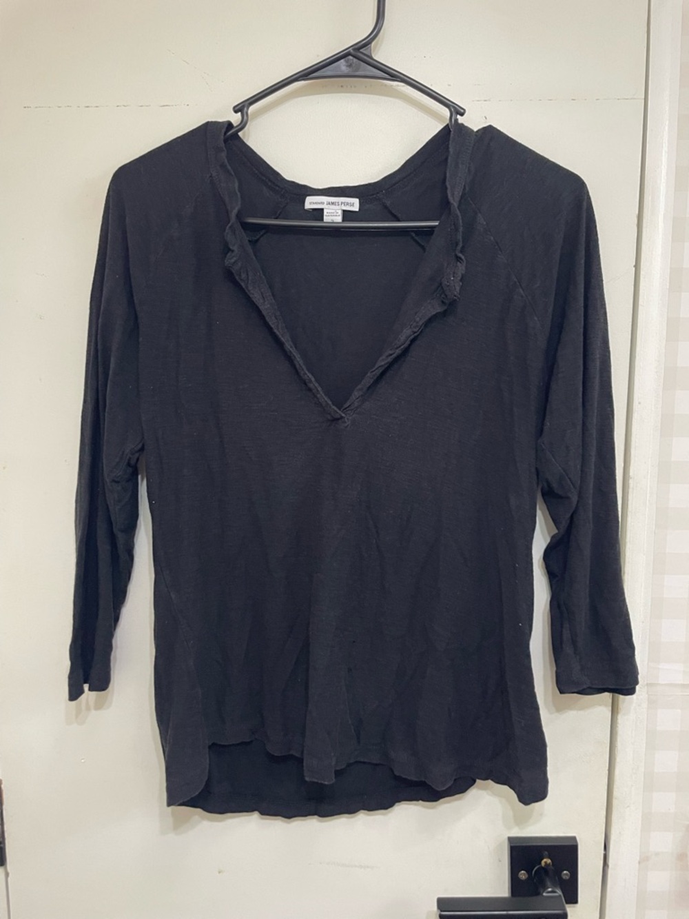 James Perse v neck 3/4 sleeve black top cotton modal blend quiet luxury capsule